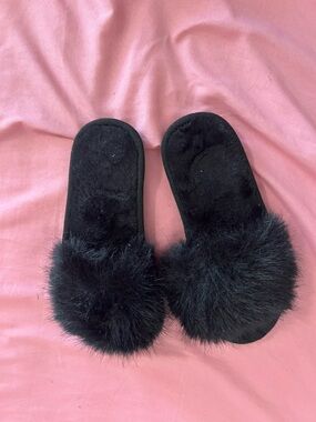 Black Faux Fur Slide Slippers for Women
